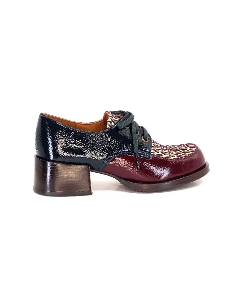Chie Mihara Trudu Cuir Vernis Purple, Vert & Toile Satin Imprimee-Femme Lacets