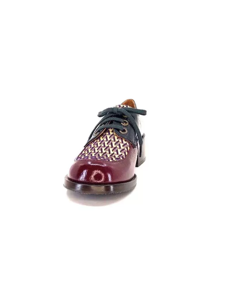 Chie Mihara Trudu Cuir Vernis Purple, Vert & Toile Satin Imprimee-Femme Lacets