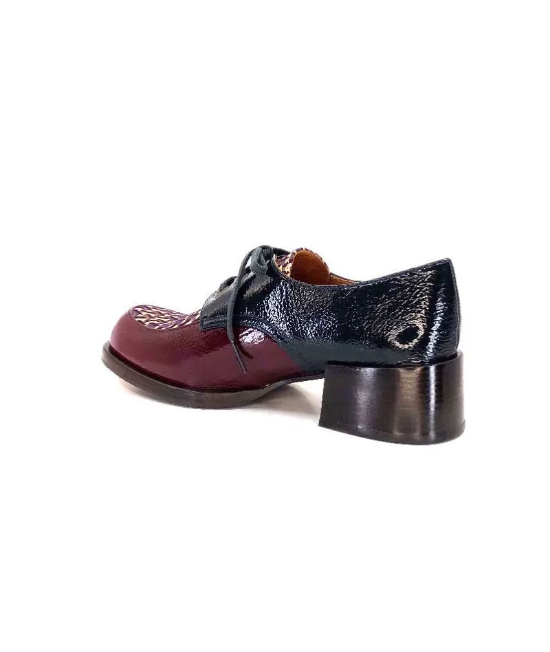 Chie Mihara Trudu Cuir Vernis Purple, Vert & Toile Satin Imprimee-Femme Lacets