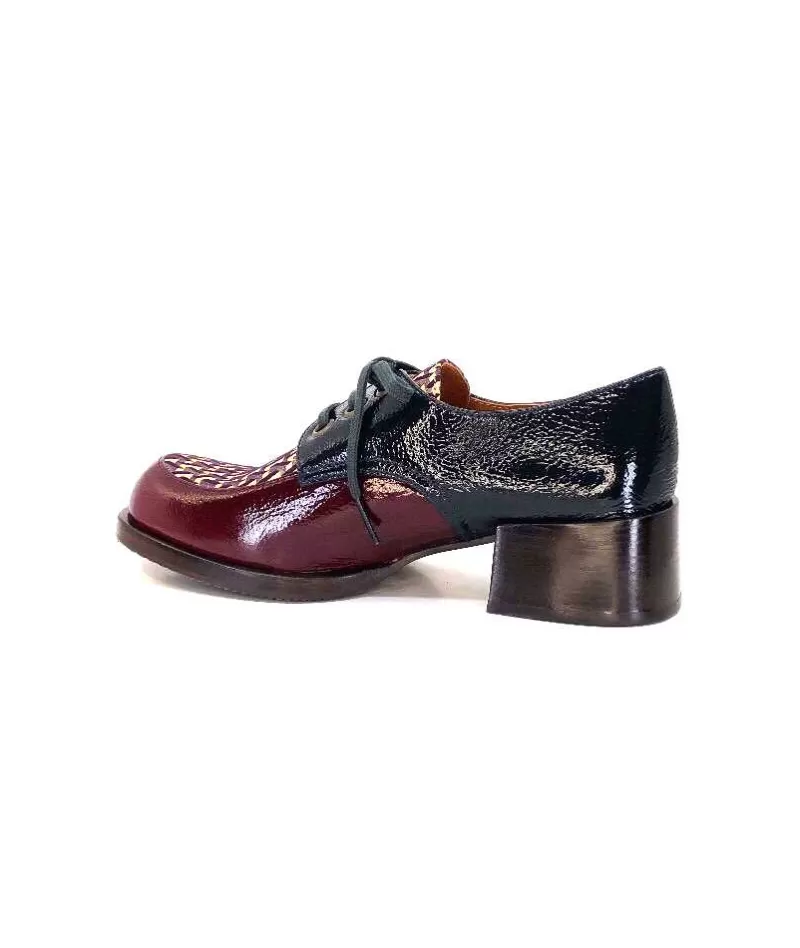 Chie Mihara Trudu Cuir Vernis Purple, Vert & Toile Satin Imprimee-Femme Lacets