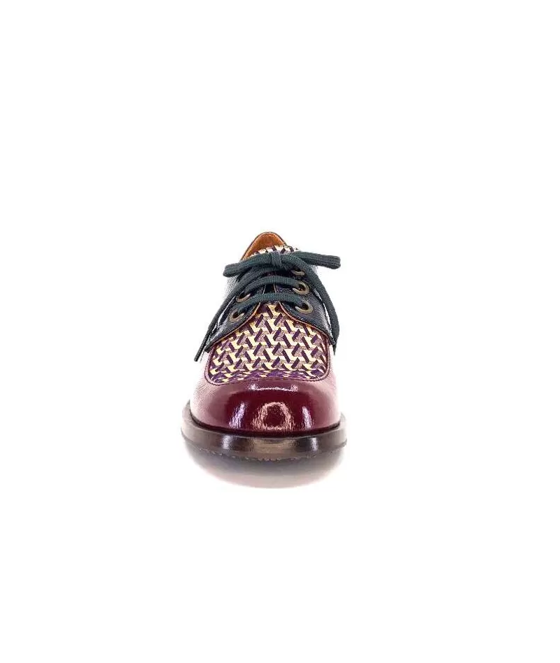 Chie Mihara Trudu Cuir Vernis Purple, Vert & Toile Satin Imprimee-Femme Lacets