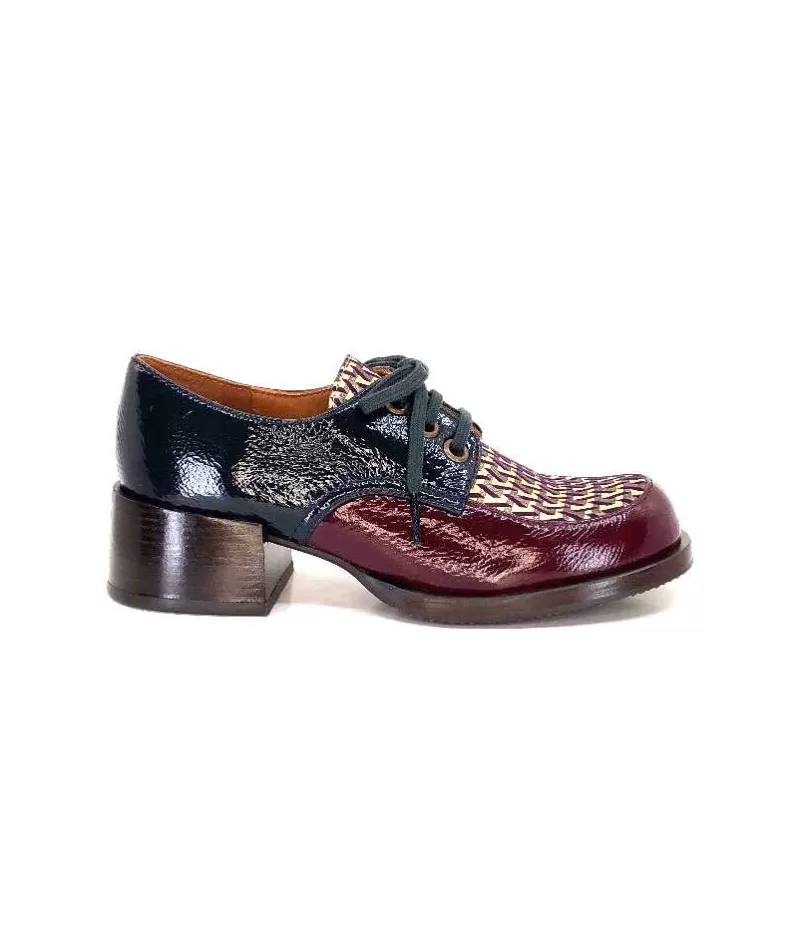 Chie Mihara Trudu Cuir Vernis Purple, Vert & Toile Satin Imprimee-Femme Lacets