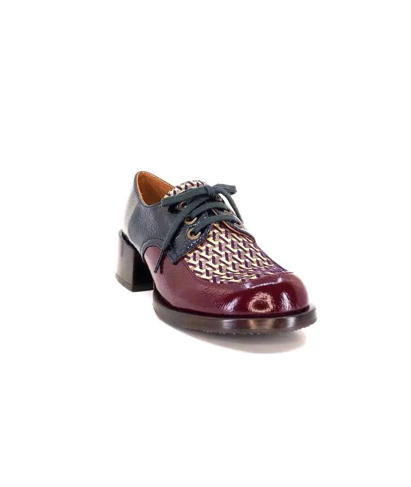 Chie Mihara Trudu Cuir Vernis Purple, Vert & Toile Satin Imprimee-Femme Lacets