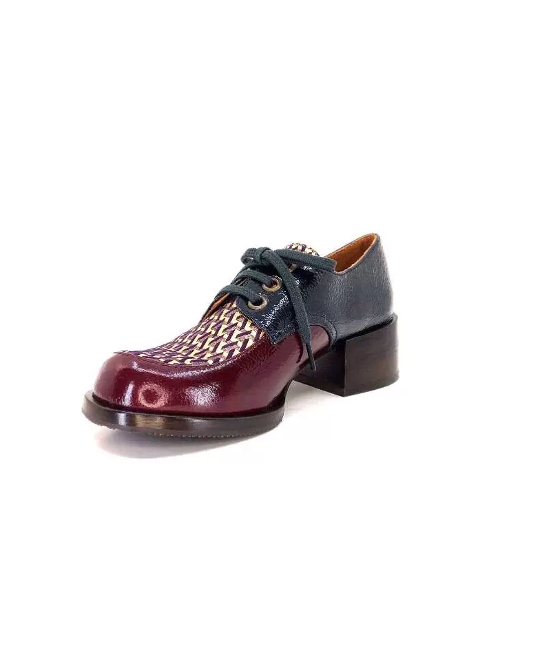 Chie Mihara Trudu Cuir Vernis Purple, Vert & Toile Satin Imprimee-Femme Lacets