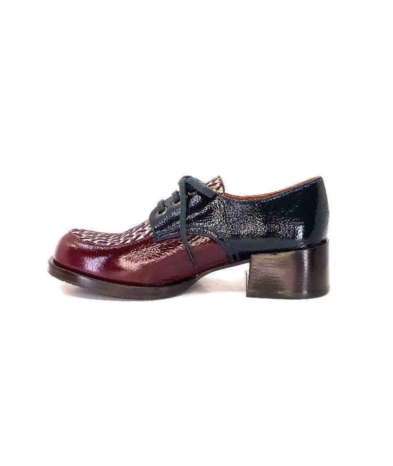 Chie Mihara Trudu Cuir Vernis Purple, Vert & Toile Satin Imprimee-Femme Lacets