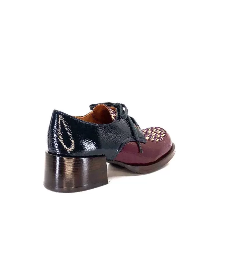 Chie Mihara Trudu Cuir Vernis Purple, Vert & Toile Satin Imprimee-Femme Lacets