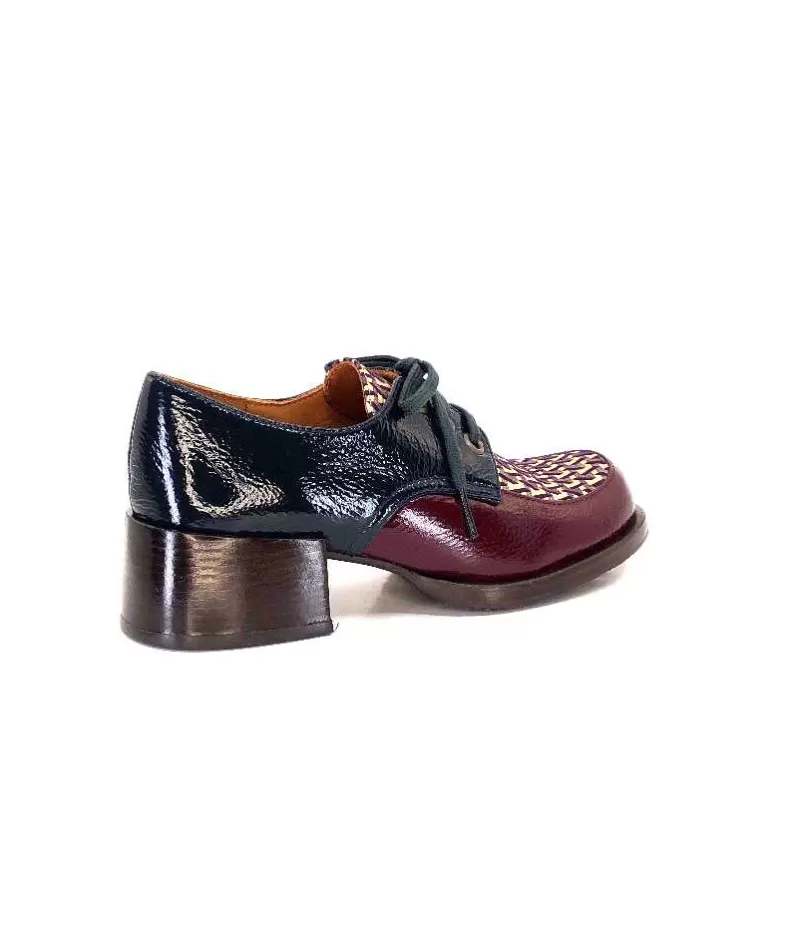Chie Mihara Trudu Cuir Vernis Purple, Vert & Toile Satin Imprimee-Femme Lacets