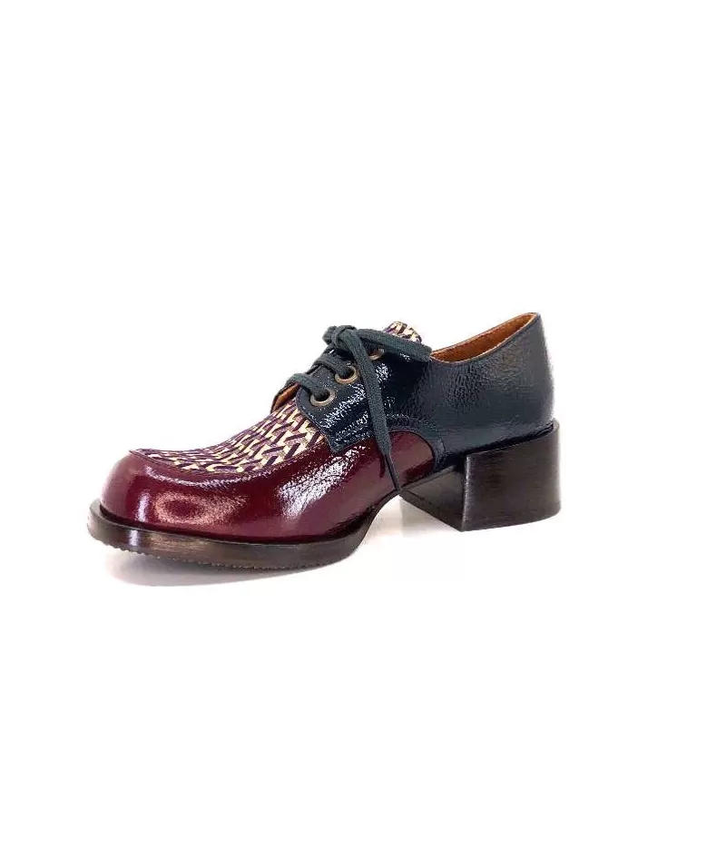 Chie Mihara Trudu Cuir Vernis Purple, Vert & Toile Satin Imprimee-Femme Lacets