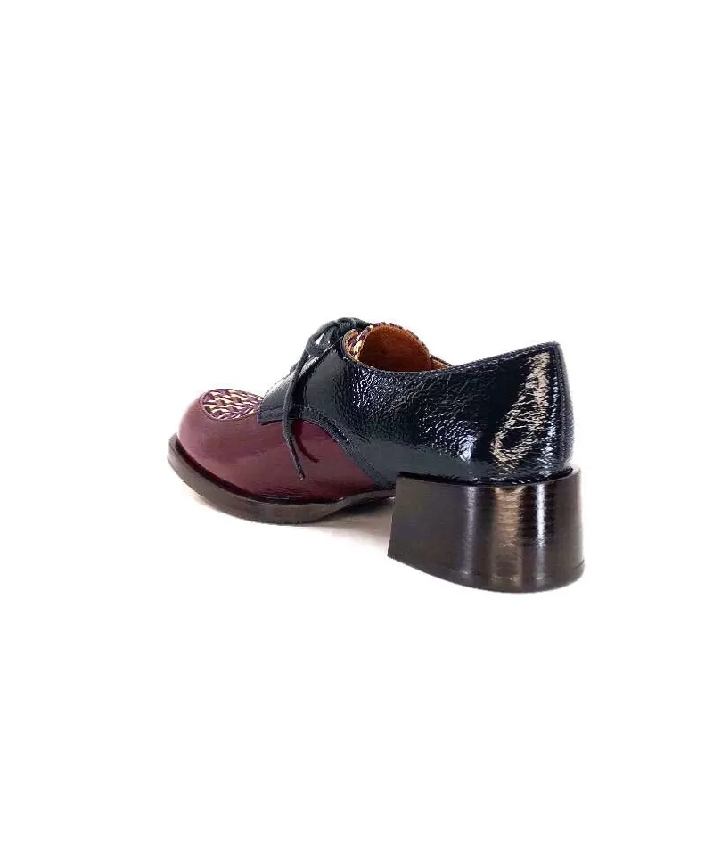 Chie Mihara Trudu Cuir Vernis Purple, Vert & Toile Satin Imprimee-Femme Lacets