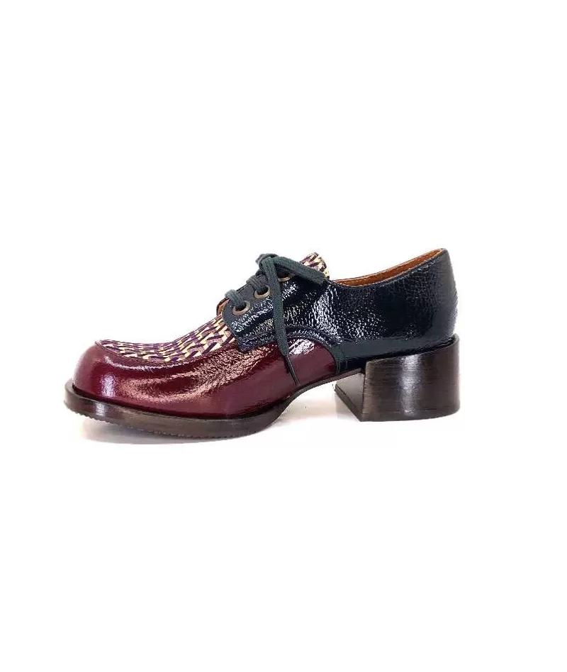 Chie Mihara Trudu Cuir Vernis Purple, Vert & Toile Satin Imprimee-Femme Lacets