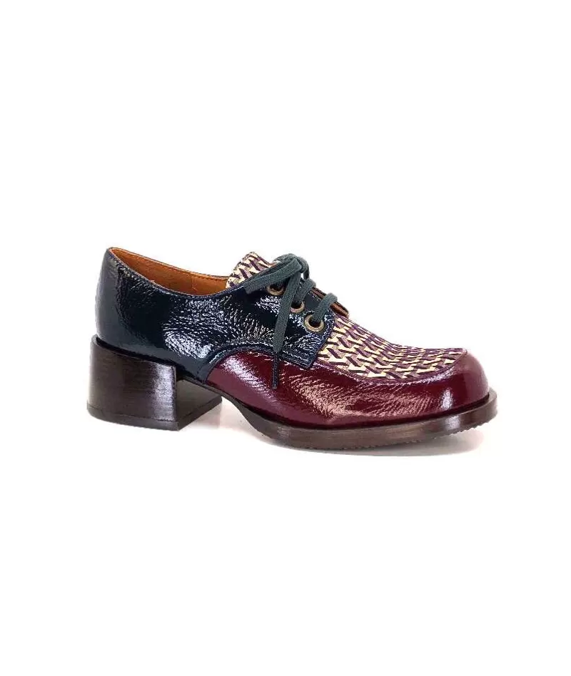 Chie Mihara Trudu Cuir Vernis Purple, Vert & Toile Satin Imprimee-Femme Lacets