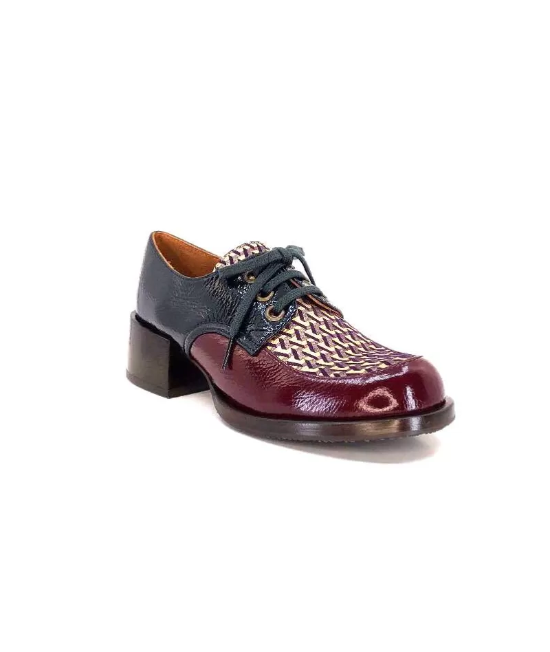 Chie Mihara Trudu Cuir Vernis Purple, Vert & Toile Satin Imprimee-Femme Lacets