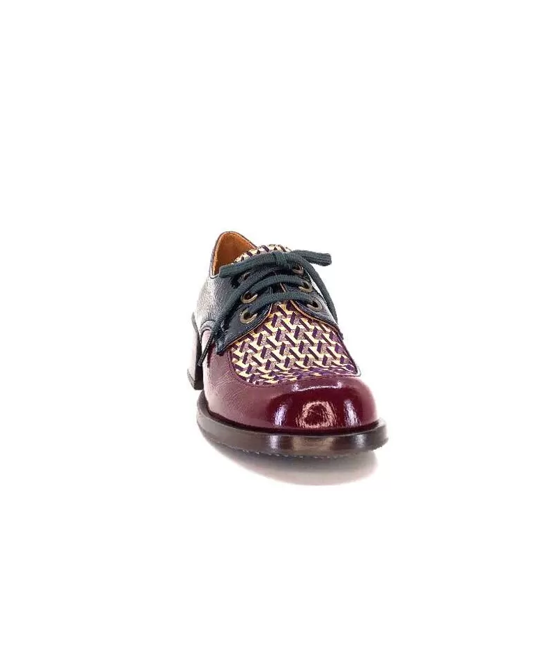 Chie Mihara Trudu Cuir Vernis Purple, Vert & Toile Satin Imprimee-Femme Lacets