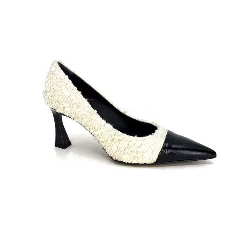 moon flower - enzo di martino Enzo Di Martino Eli 715 Textile Creme Cuir Vernis Noir-Femme Escarpins