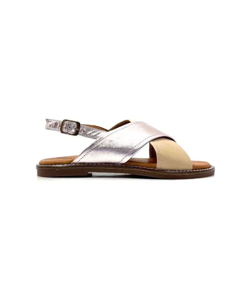 gloria Ivoire 908D Cuir Argent Et Nude-Femme Sandales