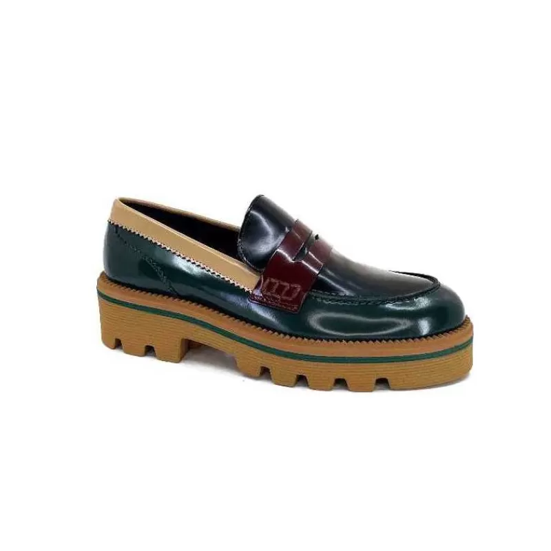 JHay J.Hay 1128 Cuir Glacee Vert Noir Bordeaux-Femme Mocassins