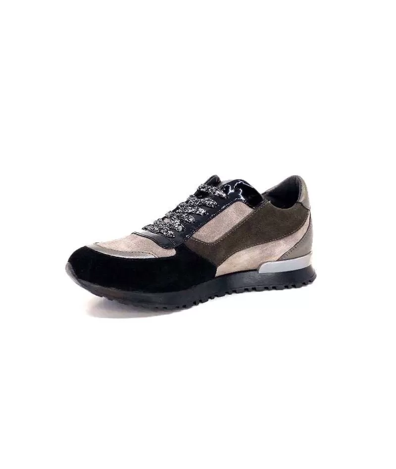 Requin Reqins Electra Mix Daim Noir, Gris Cuir Acier & Cuir Vernis Noir-Femme Baskets