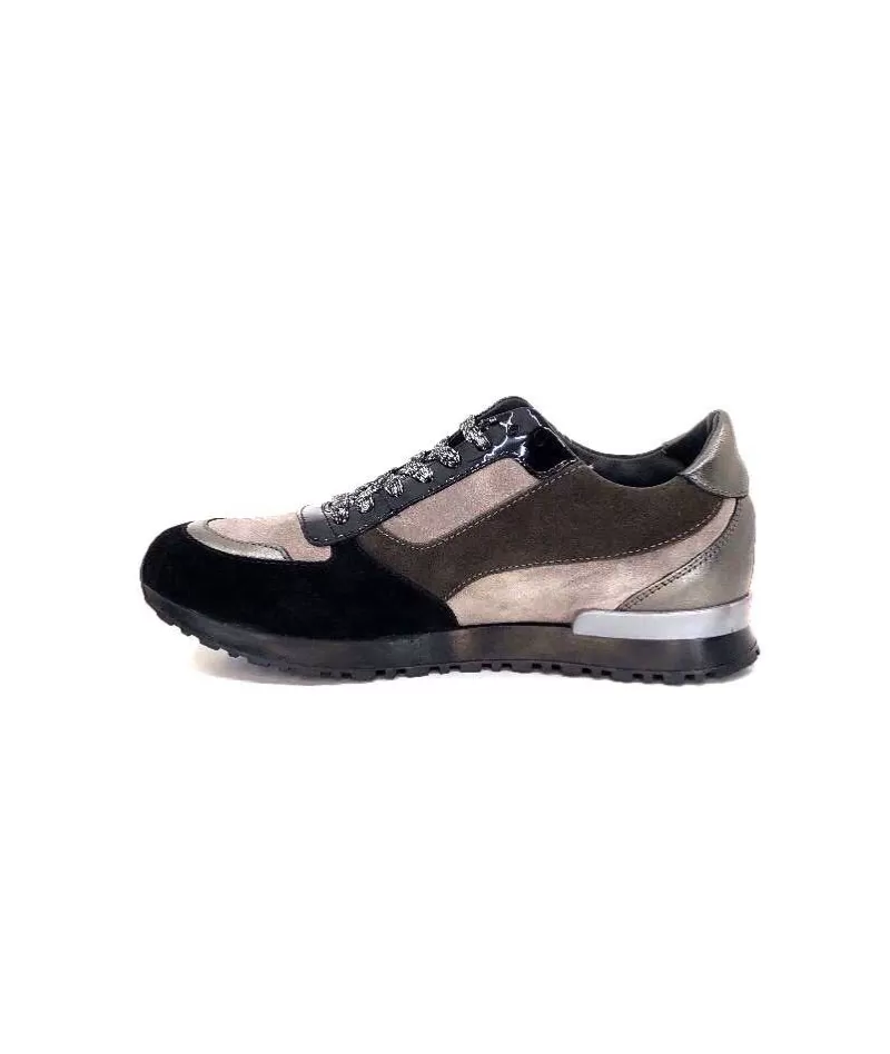 Requin Reqins Electra Mix Daim Noir, Gris Cuir Acier & Cuir Vernis Noir-Femme Baskets