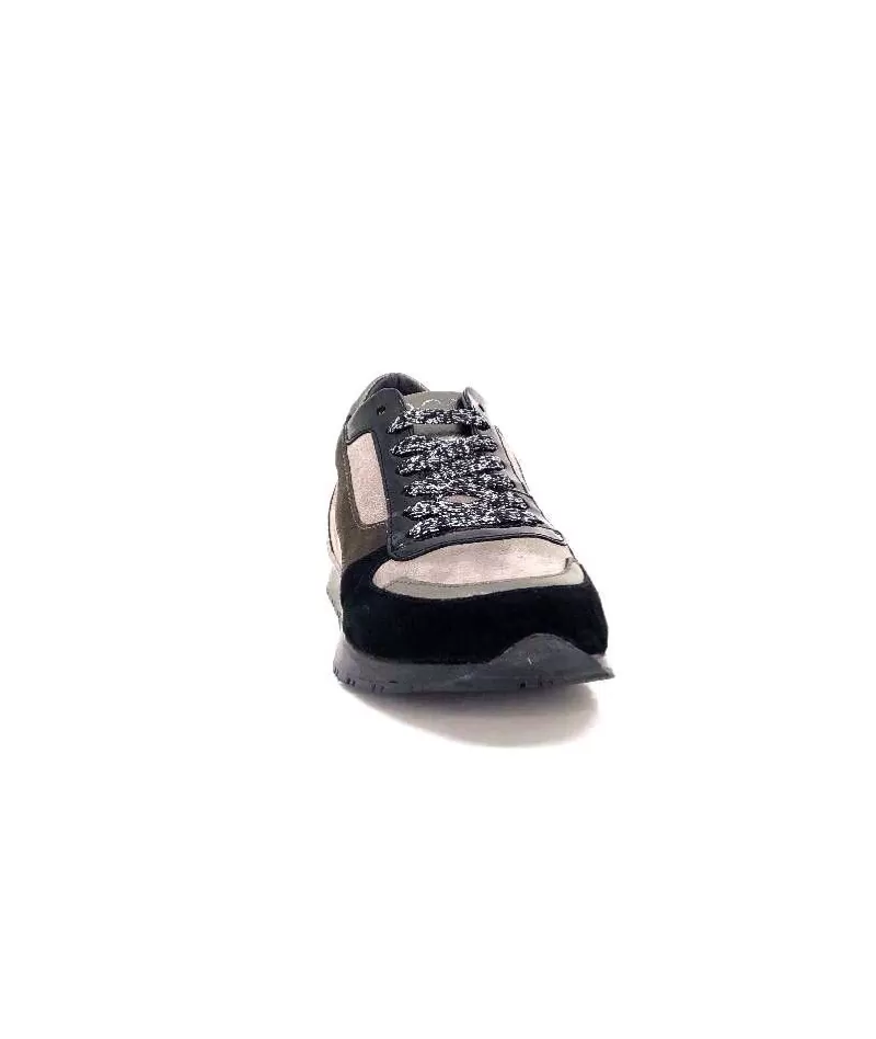Requin Reqins Electra Mix Daim Noir, Gris Cuir Acier & Cuir Vernis Noir-Femme Baskets
