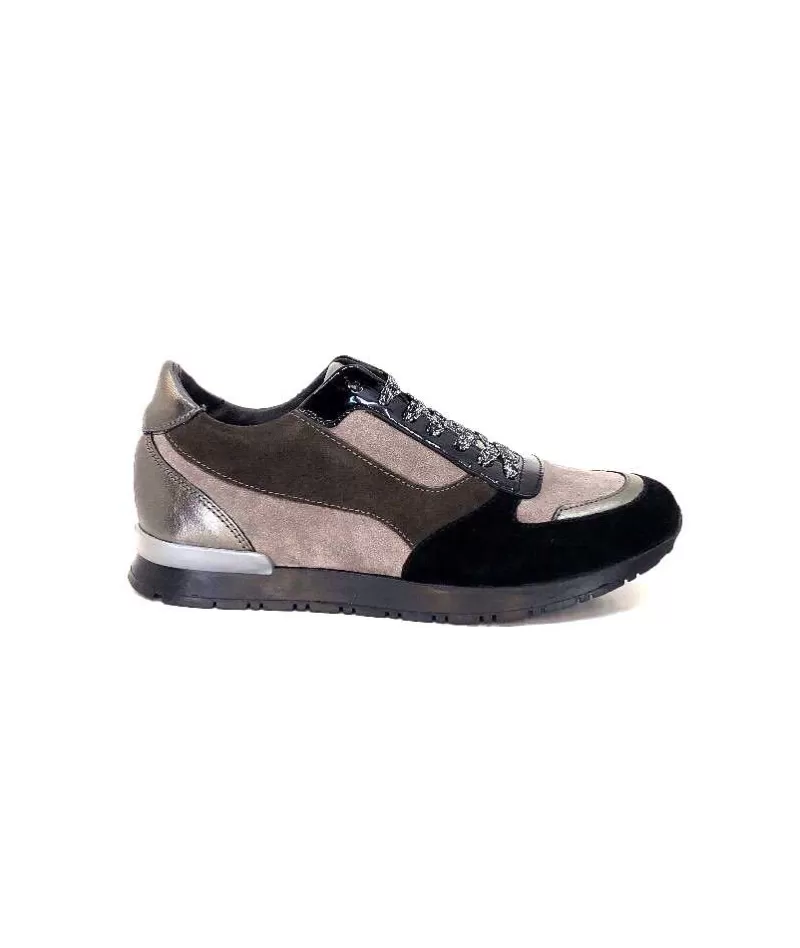 Requin Reqins Electra Mix Daim Noir, Gris Cuir Acier & Cuir Vernis Noir-Femme Baskets