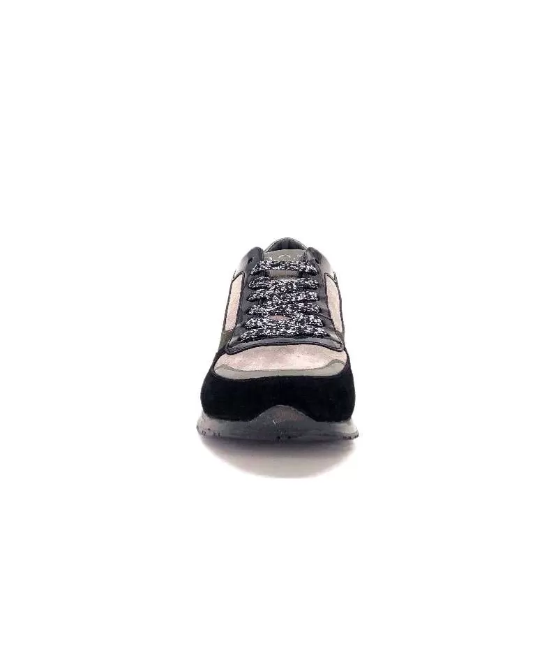 Requin Reqins Electra Mix Daim Noir, Gris Cuir Acier & Cuir Vernis Noir-Femme Baskets
