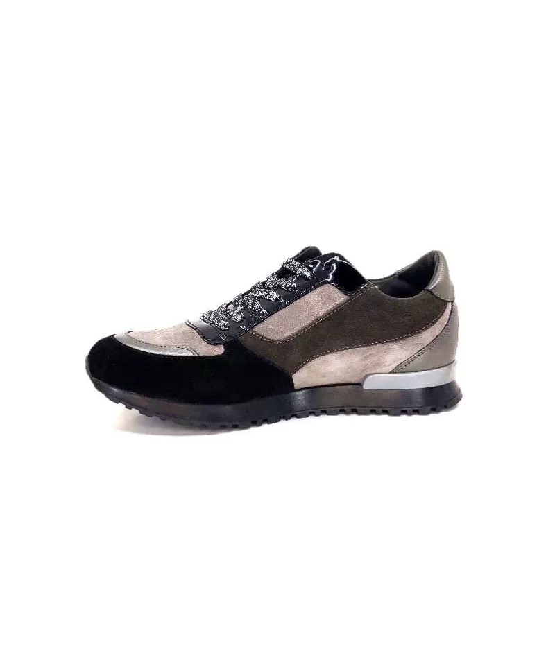 Requin Reqins Electra Mix Daim Noir, Gris Cuir Acier & Cuir Vernis Noir-Femme Baskets