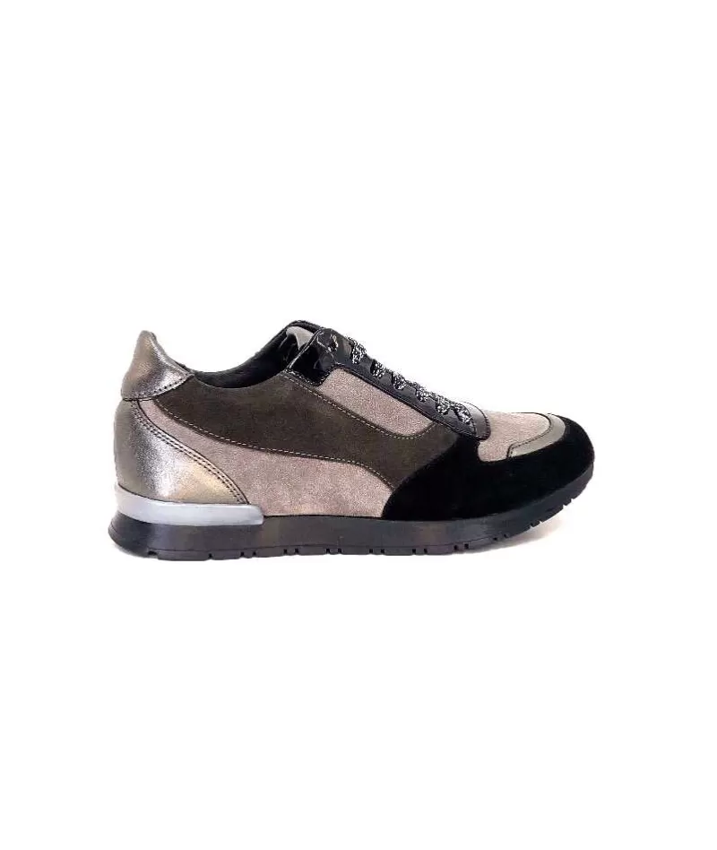 Requin Reqins Electra Mix Daim Noir, Gris Cuir Acier & Cuir Vernis Noir-Femme Baskets