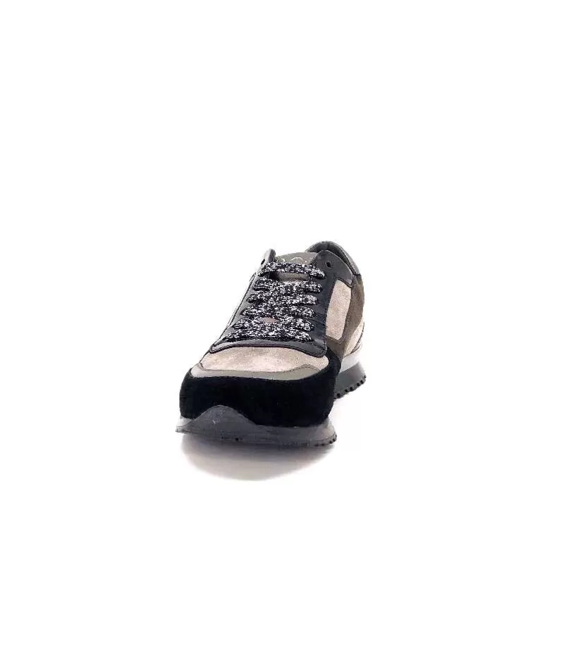 Requin Reqins Electra Mix Daim Noir, Gris Cuir Acier & Cuir Vernis Noir-Femme Baskets