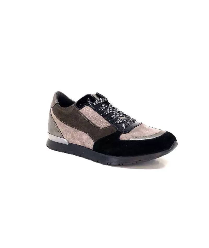 Requin Reqins Electra Mix Daim Noir, Gris Cuir Acier & Cuir Vernis Noir-Femme Baskets
