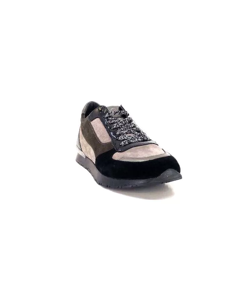 Requin Reqins Electra Mix Daim Noir, Gris Cuir Acier & Cuir Vernis Noir-Femme Baskets