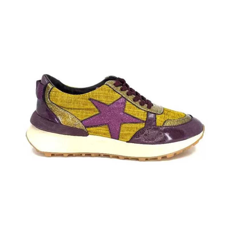 Requin Reqins Urania Mix Cuir Violet Textile Moutarde-Femme Baskets