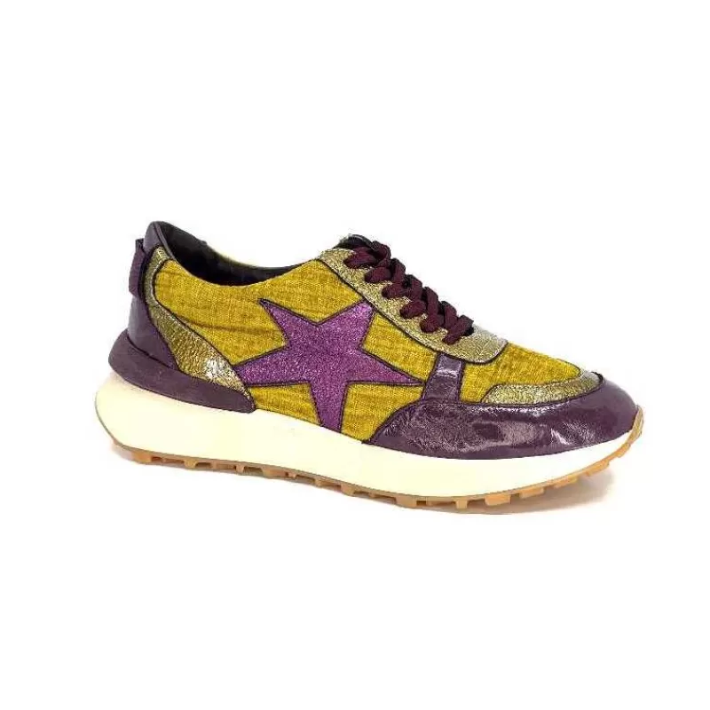 Requin Reqins Urania Mix Cuir Violet Textile Moutarde-Femme Baskets